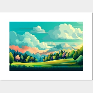 Abstract landscape with hills and trees and cloudy sky. Posters and Art